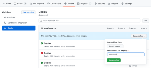 Manual application deployment using GitHub Actions